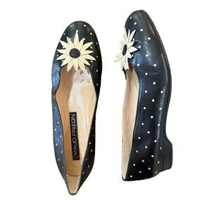 Black Leather Daisy Flats Women’s 9 Designer Maud Frizon Paris Flower Appliqué